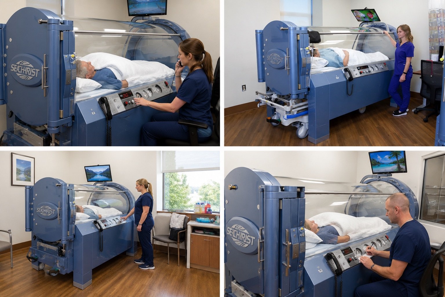 Four views of medical-grade monoplace hyperbaric chambers at our clinics, each session supervised by clinical staff